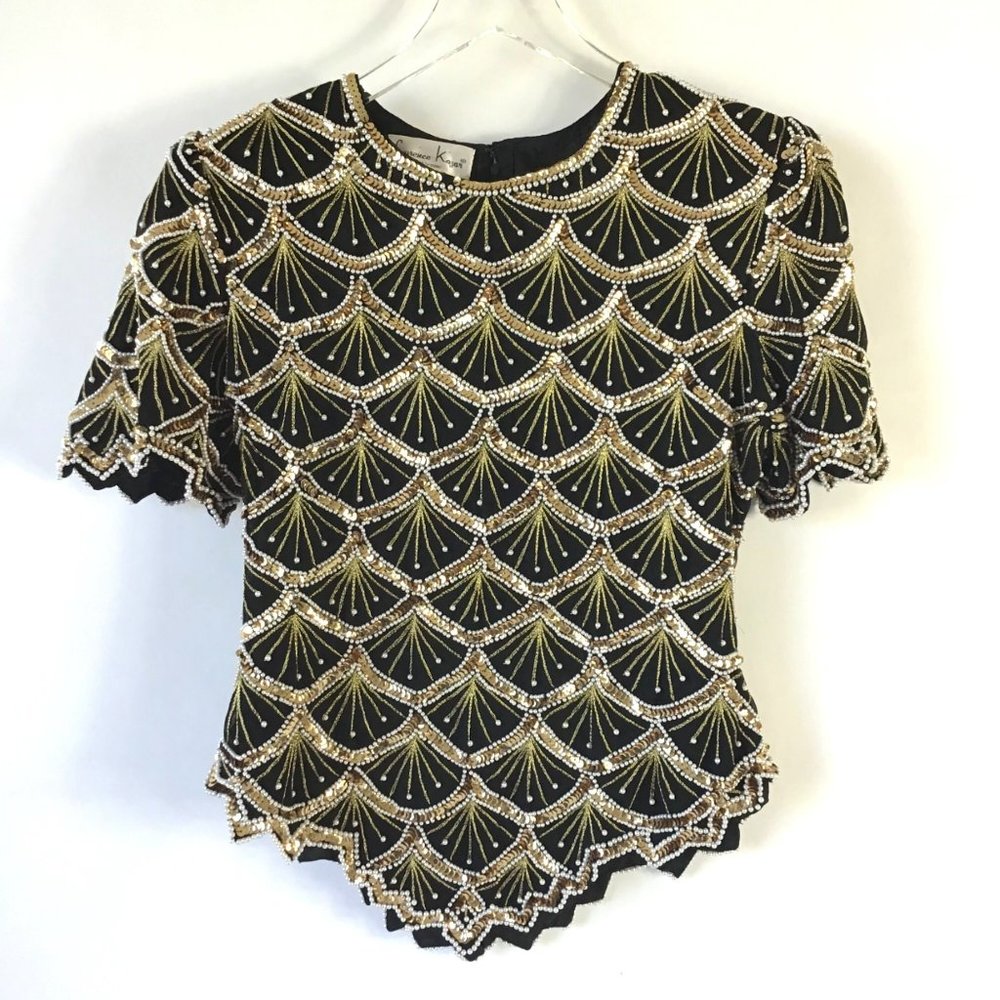 Vintage sequin top M 90s black gold short sleeve Kozar cropped new years mermaid
